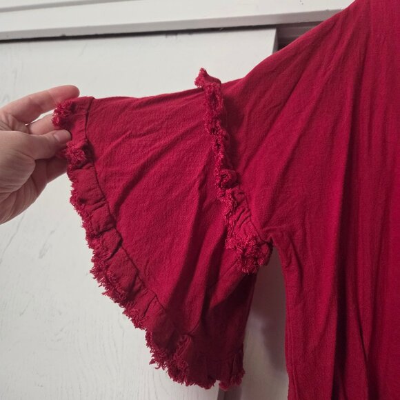 Umgee L Red Linen Blend Top Button-up Tiered Sleeves Ruffle Fringe Tie Waist - Picture 2 of 6